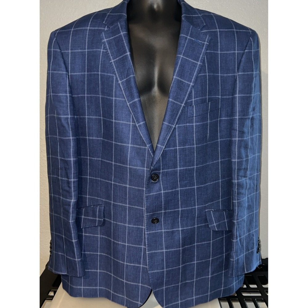 Joseph Abboud Blazer Mens 48R Blue Excellent 100% Linen Windowpane Sport Coat